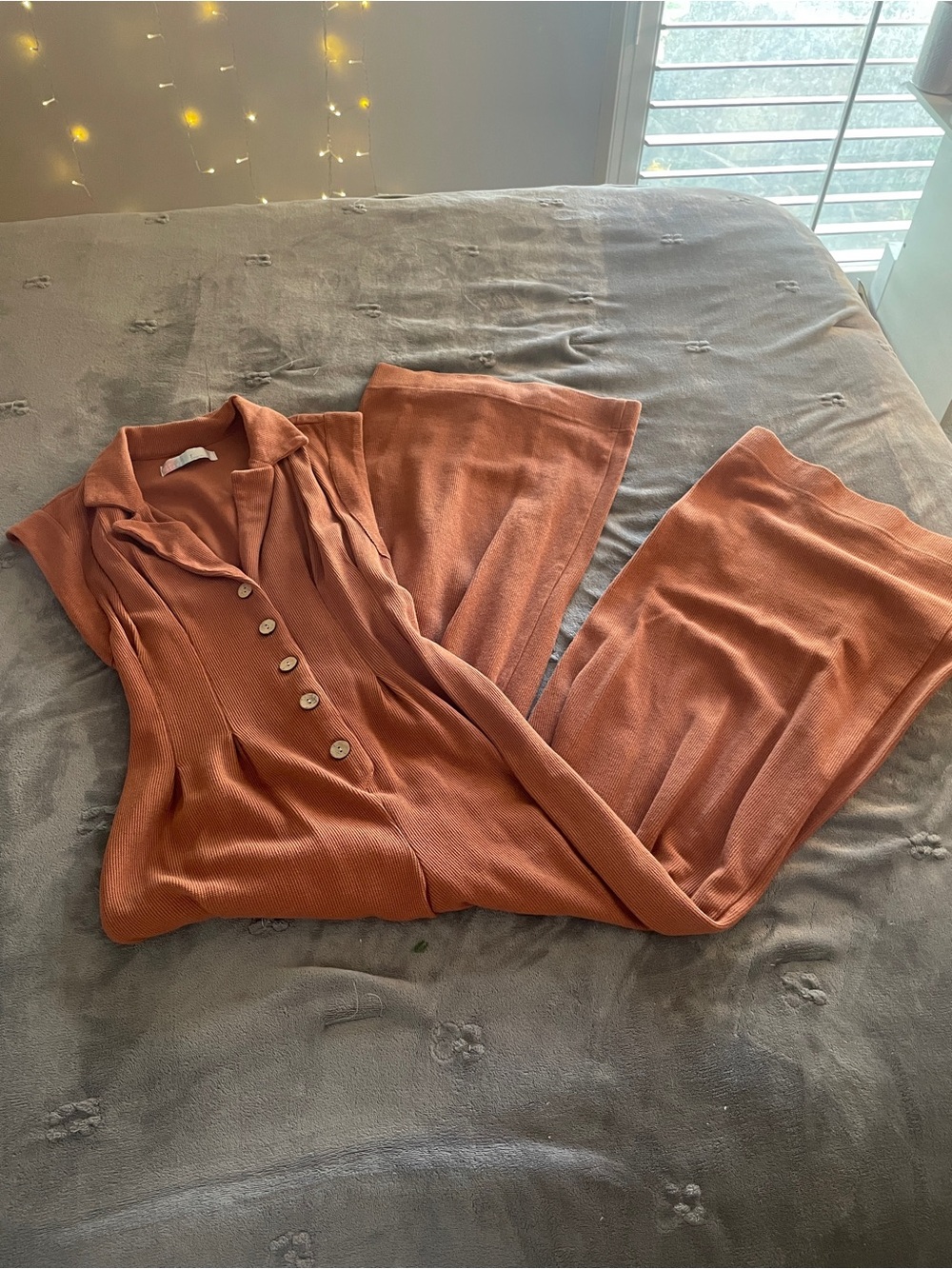 FP Beach Rust Knit Wide-Leg Jumpsuit with Button Front